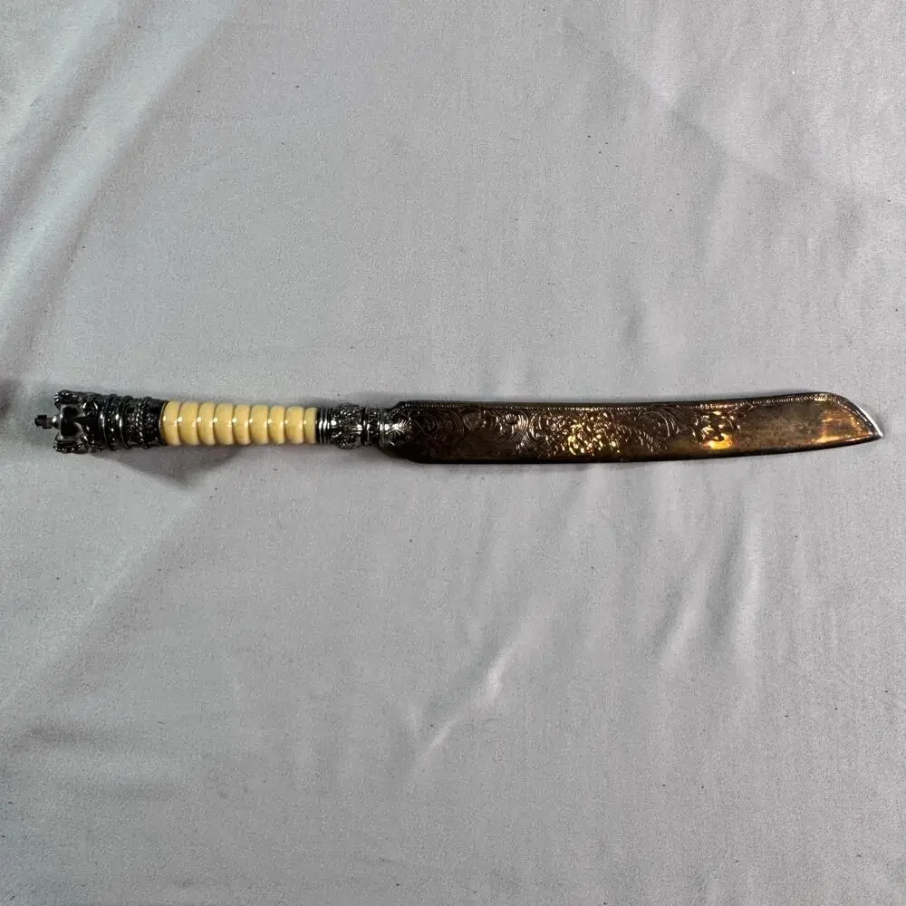 Vintage Ornate Cake Server Knife Etched Blade Crown Handle Faux Ivory 12”